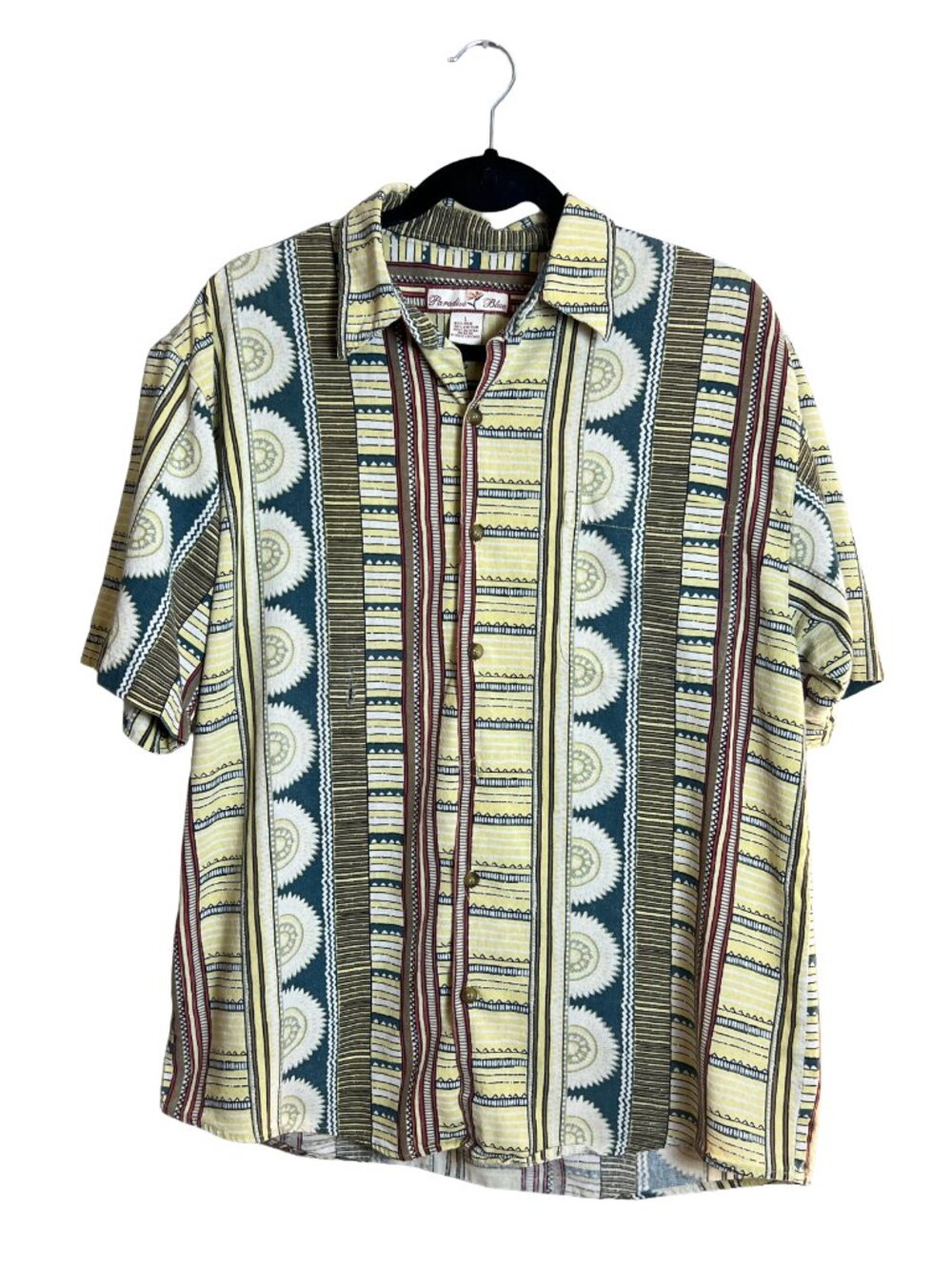 Paradise Blue Silk Blend Aztec Shirt 90s Boho Mens L Flawed